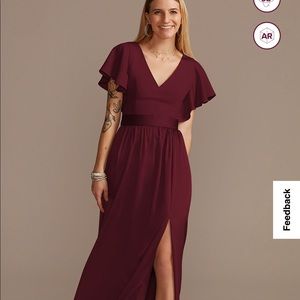 David’s Bridal bridesmaid dress Chianti Charmeuse vneck flutter sleeve